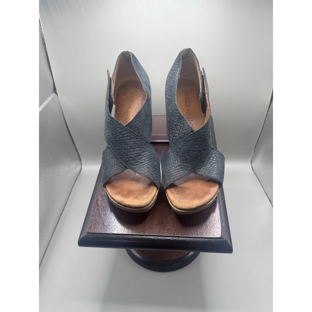 Gentle Souls Open Toe Cork Heel Black Leather Pumps Woven Look 5.5 " Sun Dae"